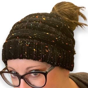 New Black Confetti Beanietail Ponytail Messy Bun Ribbed Beanie Hat Cap Elastic